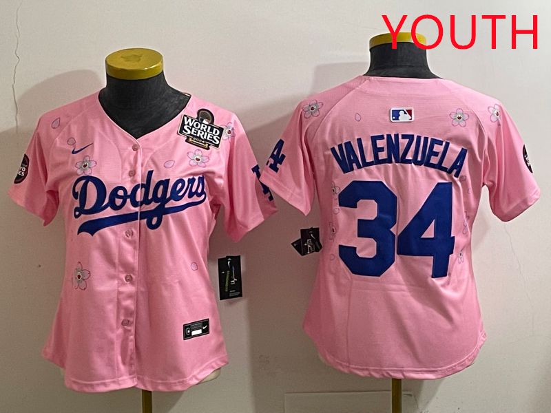 Youth Los Angeles Dodgers 34 Valenzuela Pink Sakura Edition 2025 Nike MLB Jersey style 36
